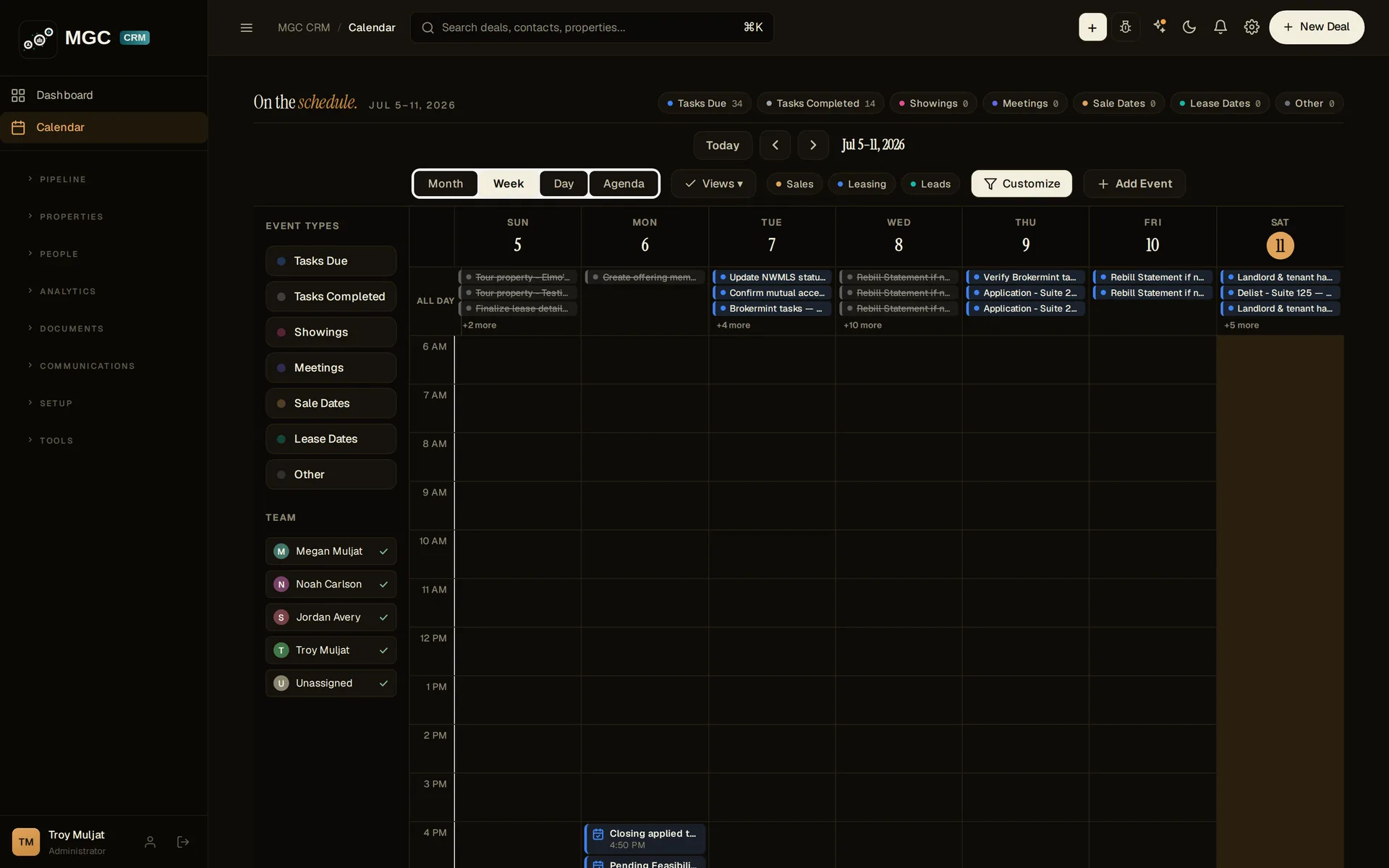 Tasks, showings, meetings and critical dates on one grid
